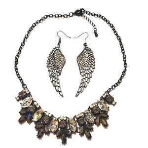 Black Owl Necklace And Black Wings Earrings Jewelry Set